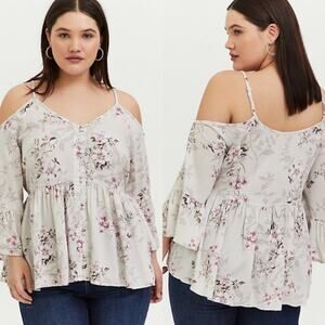Torrid 5X Ivory Floral Cold Shoulder Babydoll‎ Top Textured Rayon Plus Size